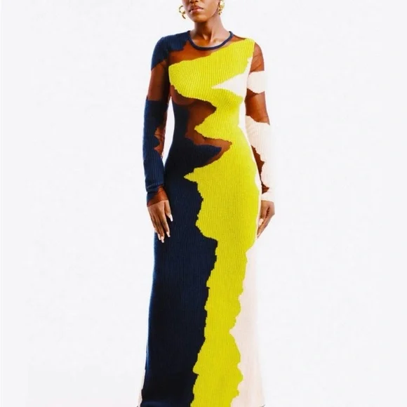 Hanifa Yellow and Blue Long Sleeve Bodycon Dress - Picture 4 of 16